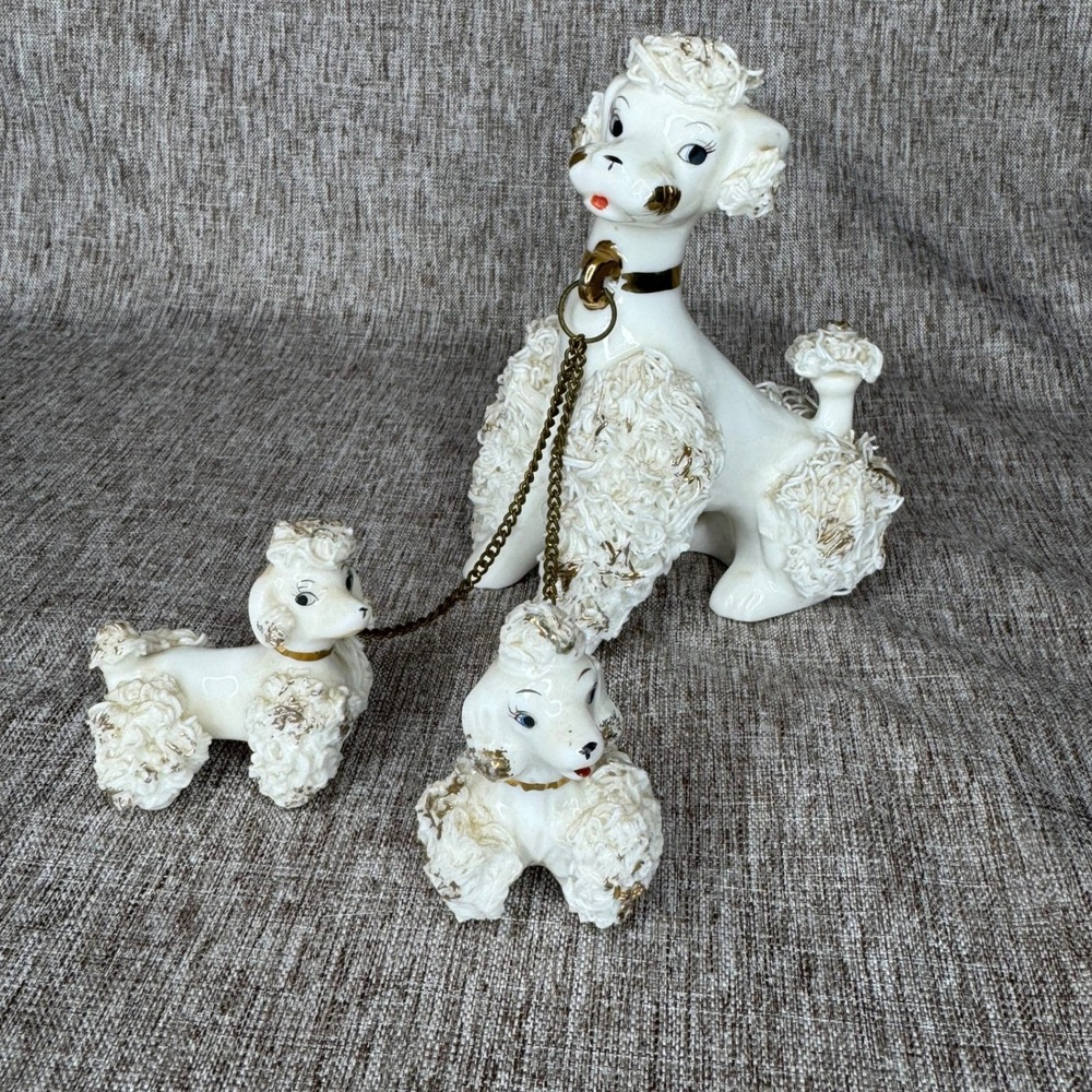 Vintage Lefton Spaghetti Poodle Family Figurine Set White Gold Japan KB80204N